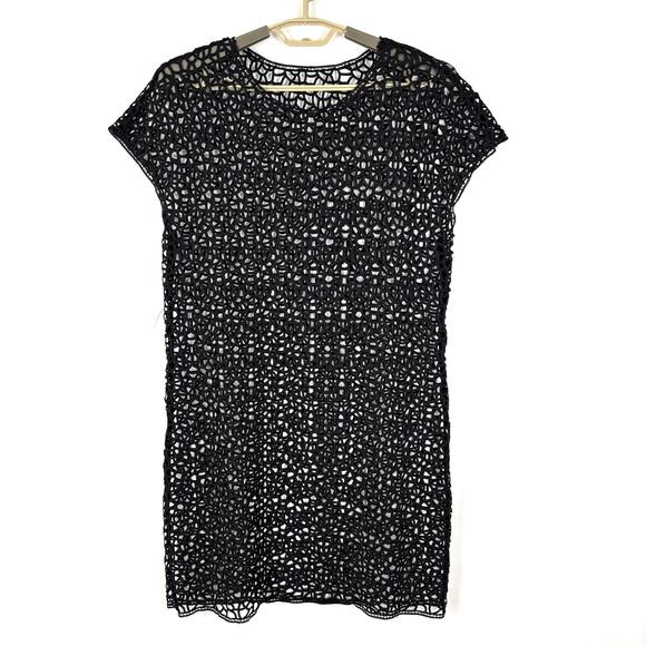 Crochet Mesh Overlay Dress Black short sleeve NO TAGS M/L whimsigoth grunge - Picture 1 of 4